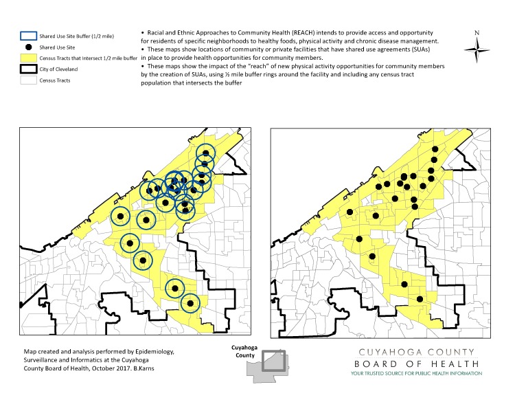 These maps show locations of community or private facilities that have shared use agreements (SUAs) in place to provide health opportunities for community members. These maps show the impact of the “reach” of new physical activity opportunities for community members by the creation of the agreements, using half- mile buffer rings around the facility and including any census tract population that intersects the buffer.