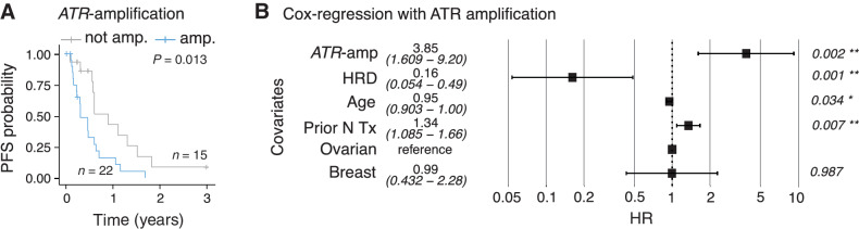 Figure 3. Survival analysis according to (A) ATR amplification (median PFS 5.0 months vs.10.9 months, respectively for samples with ATR-amplification and those without, respectively). B, Cox model same as in Fig. 2E but with the additional covariate of ATR amplification. HRD is defined as panel-Sig3+ and/or BRCA1/2mut. “Prior N Tx” refers to number of prior lines of therapy.