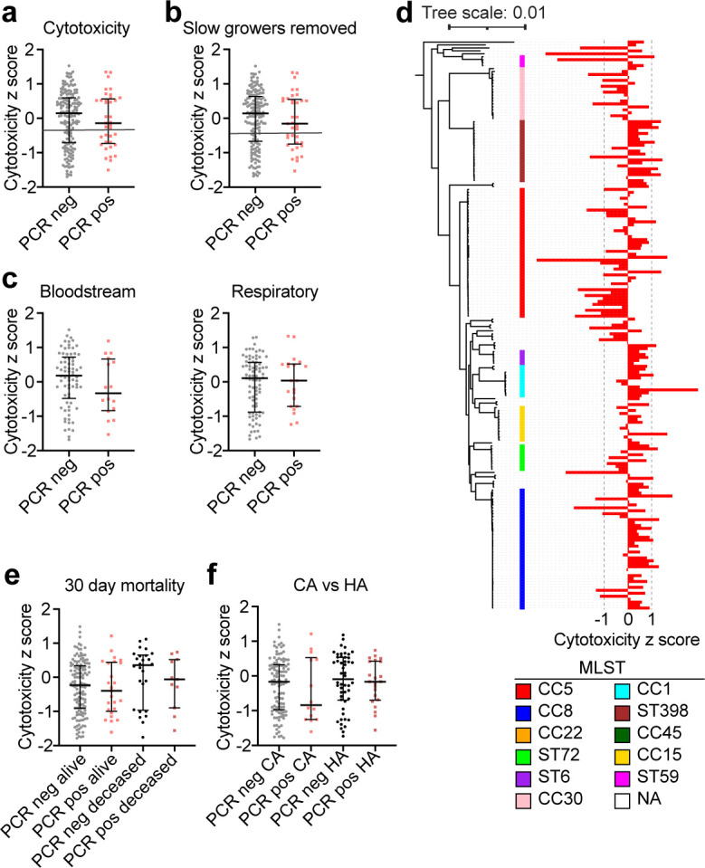 Graphs plot cytotoxicity z-scores for PCR negative vs. positive samples, slow growers removed, bloodstream vs. respiratory samples, and community vs hospital-acquired infections. A phylogenetic tree depicts the comparison between PCR groups.