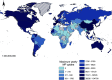Figure 8 is a world map depicting maximum microplastic particles uptake through mollusk consumption. A color key depicting maximum yearly microplastic uptake ranges as follows: 0, 1 to 210, 211 to 630, 631 to 1,785, 1,786 to 3,780, 3,781 to 6,825, 6,826 to 9,030, 9,031 to 15,120, 15,121 to 38,535, and 38,536 to 104,790.