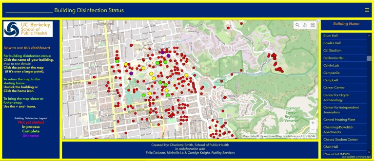 A screen shows the location of buildings on the campus of the University of California, Berkeley. Buildings are marked as complete, in progress, not yet started, or unknown.