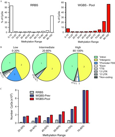 Figure 2A displays two bar graphs titled RRBS and WGBS – pool, plotting percentage of CpGs (ranging from 0 to 60 in intervals of 10) (y-axis) across methylation range (ranging from the series 0–10 to 90–100 with intervals of 10 percent) (x-axis). The graph titled RRBS displays a sudden fall in trend, which is followed by a sudden spike. The graph titled WGBS – Pool displays a sudden spike in the trend. Figure 2B displays three pie charts, namely, low (0 to 20 percent), intermediate (20 to 80 percent), and high (80 to 100 percent), with eight parts each. The labelings for the eight parts are inset as follows: Intron, Intergenic, Promoter-TSS, Exon, TTS, 3 prime UTR, 5 prime UTR, and noncoding. Figure 2C displays a composite bar graph, plotting number of CpGs (times 10 superscript 5) (ranging from 0 to 8 in intervals of 2) (y-axis) across methylation range (ranging from the series 20 to 30 percent to 70 to 80 percent in intervals of 10 percent) (x-axis) for RRBS, WGBS-Prev, and WGBS-Pool.