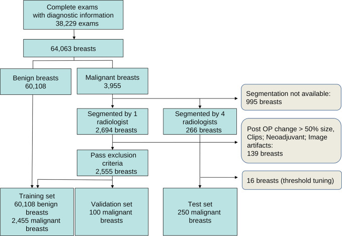 Number of examinations (exams) and breasts used in training and testing. See also Table E1 (supplement). Post OP = postoperative procedure.