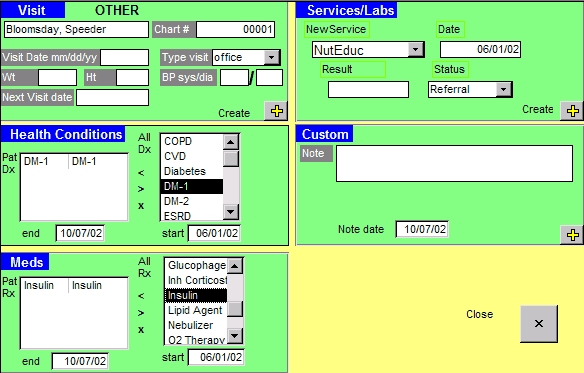 This screen capture depicts the New Visit Form in the Chronic Disease Electronic Management System. The form allows the user to enter information about each patient, including, from the top left, in a section called “visit,” the patient’s name, chart number, visit date, visit type, weight, height, blood pressure, and next visit date. In the next section down on the left, called “health conditions,” the user can enter patient diagnosis chosen from a drop-down list and a start and end date. The last section on the left, called “meds,” allows the user to choose what medicines a patient is taking from a drop-down list and a start and end date. On the upper right of the screen capture is a section called “services/labs,” where the user can choose a new service from a drop-down list, the date of the service, whether the patient is being referred elsewhere for the service, and the result. Below that is a final section called “custom,” for notes.