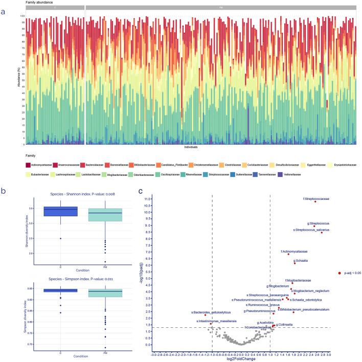 Panel (a) shows a stacked bar chart representing family abundance across multiple individuals, using color codes for different bacterial families. Panel (b) includes two box plots comparing Shannon and Simpson indices for species diversity with p-values, and a volcano plot displaying the log2 fold change against -log10 p-values for various species and families, highlighting significant differences.