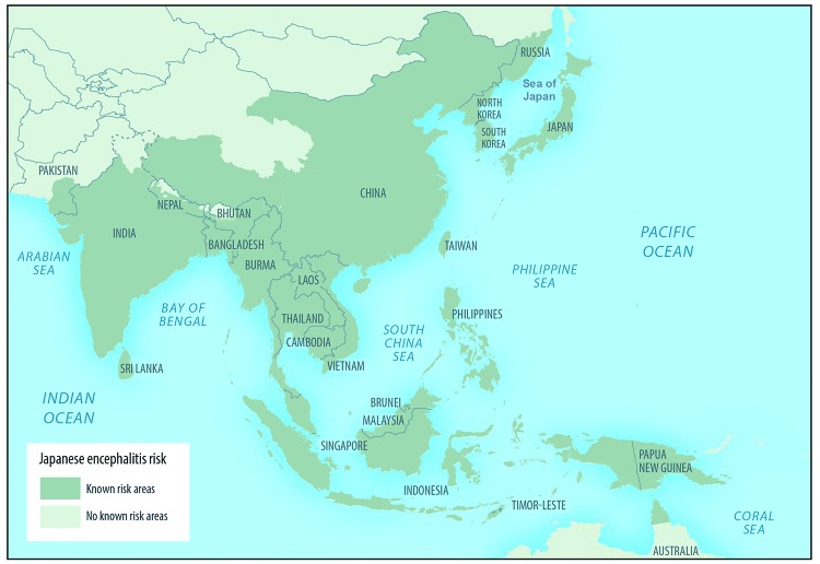 This figure is a map showing the approximate geographic range of Japanese encephalitis throughout most of Asia and parts of the western Pacific. The map has shading indicating known risk areas and no known risk areas.