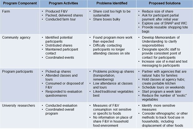 The figure is a chart consisting of data in 4 rows, each representing the components of the program: the farm, the community agency, the program participants, and the university researchers. For each of the program components, data are entered in 3 columns: program activities, problems identified, and proposed solutions. The data are presented as bullets in each of the twelve boxes where program components intersect with program activities, problems identified and proposed solutions. Further explanation and interpretation of the figure is provided in the text.