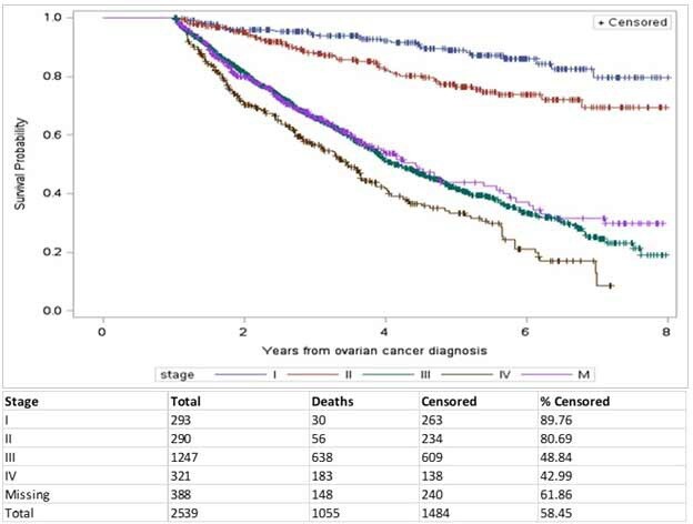 Figure 2. Kaplan Meier Curve of Overall Survival, Stratified by Stage of Disease