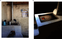 Figure 2A shows a Justa cookstove that is heating coffee and burning wood, with a Justa educational training poster visible in the background. Figure 2B displays a Justa cookstove, internal view with griddle removed showing ceramic brick combustion chamber, leveled ash for insulation, and back vent space to chimney, burning wood.