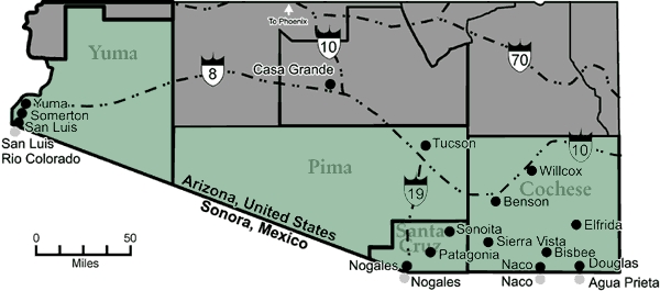 Map of the Arizona–Sonora border