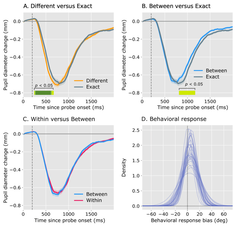 (A-C) Linear mixed effects model results for pupil response during probe presentation; (D) behavioral response bias. In A-C, the dotted line represents probe offset, and significant differences between pupil responses are indicated with the horizontal green line (yellow-green: p < 0.05; green: p < 0.01; dark green: p < 0.001). (A) Linear mixed effects model testing the difference in pupil response for exact-match versus different probes. Different probe types resulted in initial stronger pupil constriction compared to exact-match probe types. (B) Linear mixed effects model testing the difference in pupil response for exact-match and between-category probe types. Between-category probe types resulted in a slower pupil recovery compared to exact-match probe types. (C) Model testing the difference between between- and within-category responses. No significant differences between pupil responses for within- and between-category were found. (D) Behavioral response bias. Individual lines represent individual participant responses. Memory bias is shown on the x-axis (positive bias means an error towards category centers, negative bias means error away from category centers). In D, the dotted line represents unbiased, veridical color reproductions.