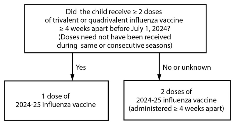 Alt text. The figure is a flow chart that presents the influenza dosing algorithm for children aged 6-8 years.