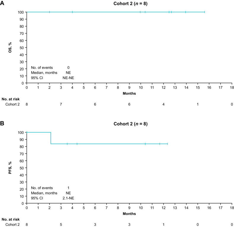 Figure 4. OS (A) and PFS (B) for Cohort 2. NE, not evaluable; OS, overall survival; PFS, progression-free survival.