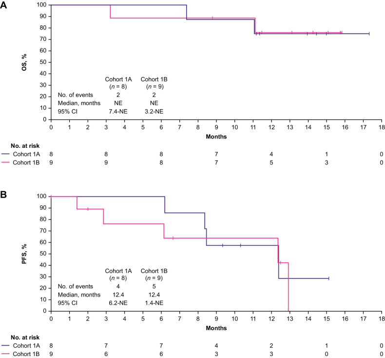 Figure 3. OS (A) and PFS (B) for Cohort 1A and Cohort 1B. NE, not evaluable; OS, overall survival; PFS, progression-free survival.