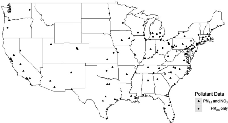 Map of the USA marking cities with air pollutants PM sub 2.5 and N O sub 2, and PM 2.5 only.