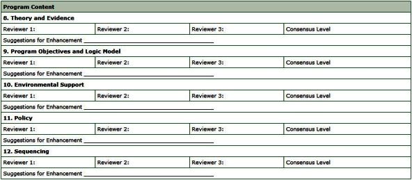 The worksheet contains areas for each of the 19 review criteria to be reviewed by 3 reviewers, whose consensus level is summarized. Each criterion has an area in which suggestions for enhancement can be noted.