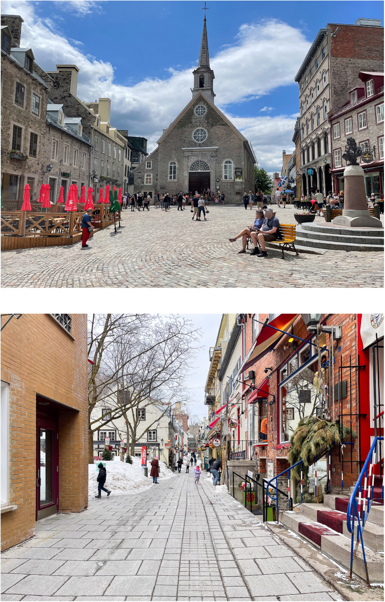 Figure 2 (top): This is the Place Royale in a sunny day. The ground is made of grey bricks and slopes a little. The square is surrounded by buildings, but the space is very large, and almost completely clear. On the left we see a wooden terrace with closed red umbrellas. On the right there is a statue, located on a round landing of about two meters in diameter separated from the ground by three steps. Around it, there are wooden benches and flowerpots. Two people are sitting on a bench and others are further out in the square. At the very back, there is the Church of Our Lady of Victories, with its trapezoidal staircase. Figure 2 (bottom): This is the Rue du Petit Champlain, which has a grey cobbled floor and a passageway nearly four metres wide. There are buildings on both sides, and there are three or four steps to get into the ones on the right. On the left, there is a door to a building on the ground floor. The shops in the buildings have many brightly coloured signs and accessories. There are a few people in the distance. The place is well lit despite the grey sky.