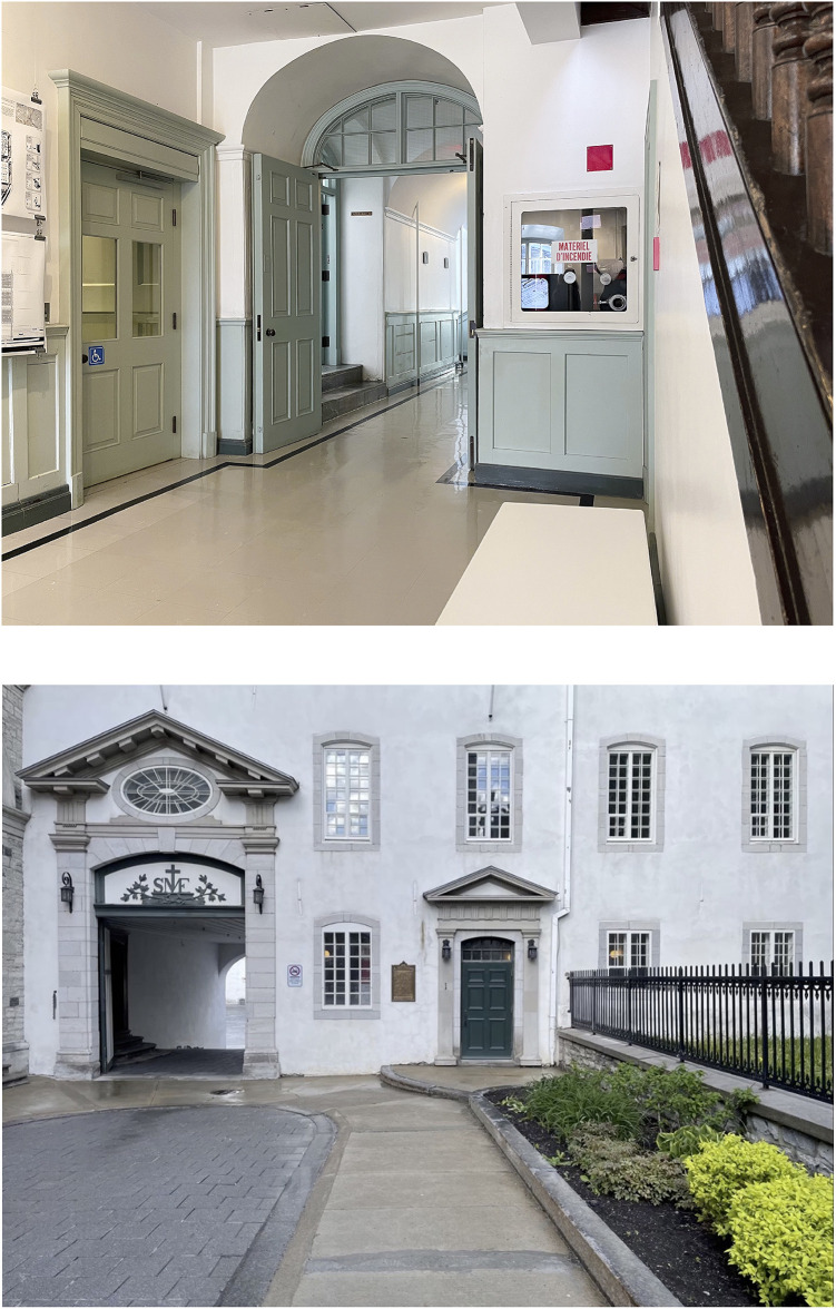 Figure 1 (top): This is one hall in the School of Architecture. To the right, there are stairs. To the left, there is a door to a platform lift with the International Symbol of Access on it. Ahead, there are two open doors that lead to a hallway. In this hallway, just to the left, there are two steps that lead to an open door. The lighting is well distributed in the hall and in the corridor, but some slight glares are created. Figure 1 (bottom): This is an outside view with indirect sunlight, in front of the main entrance of the School of Architecture of Université Laval. The sidewalk goes straight ahead to the entrance. At the bottom of the image, there is a passageway with an arch or small tunnel on the left and a dark green door on the right. Above the tunnel door, the acronym SME is written in large letters. There is no identification sign near the front door, only the address number (one). To get there, there is a step.