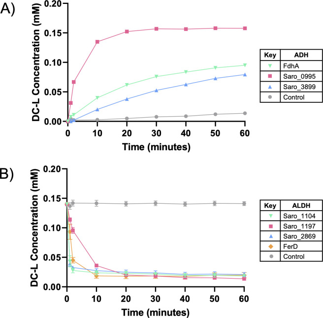 Graphs depict DC-L concentration over 60 minutes. Graph A compares the activity of various ADHs (FdhA, Saro_0995, Saro_3899) against a control. Graph B compares the activity of various ALDHs (Saro_1104, Saro_1197, Saro_2869, FerD) against a control.