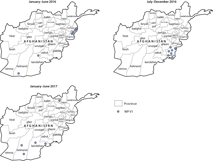 The figure above is a map showing the location of cases of wild poliovirus type 1 (WPV1), by province, in Afghanistan during January 2016–June 2017.