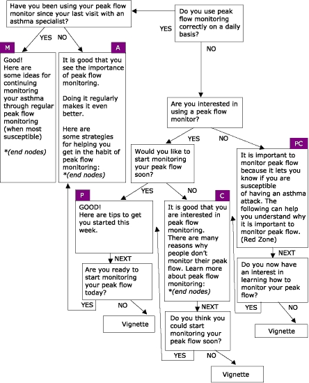 This module uses empowering statements, persuasive arguments, and transactional question to stage users based on stage of readiness to change behavior (as explained in text). The opening question is, "Do you use peak flow monitoring correctly on a daily basis?" Users eventually arrive in one of five stages of readiness to change. Final steps include linking to end nodes or viewing vignettes.