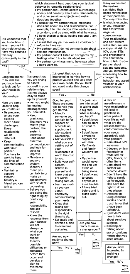 This module shows the possible communication flow that occurs between user and computer in determining behavior in sexual/romantic relationships and encouraging positive changes in behavior. The opening question is, "Which statement best describes your typical behavior in romantic relationships?" Based on how the user responds to the seven possible answers, the user takes one of two paths. One path begins with, "It's wonderful that you know how to assert yourself in your relationships." The second path begins with, "Many women find themselves sacrificing their needs for the sake of their partners." The module offers ideas for helping women to continue positive behavior, such as "Keep communicating with your partner" and "Identify a friend you can talk to." The module also asks questions of women who demonstrate a lack of assertiveness, such as "What are the reasons that you can't communicate your needs assertively with your partner?"