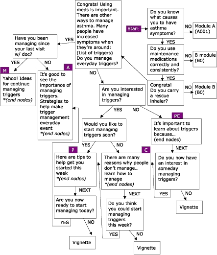 This module uses empowering statements, persuasive arguments, and transactional question to stage users based on stage of readiness to change behavior (as explained in text). The module begins with the question, "Do you know what causes you to have asthma symptoms?" If the answers to initial questions do not link users to one of the three other modules within the project, users eventually arrive in one of five stages of readiness to change in the Managing Environmental Triggers module. Final steps include linking to end nodes or viewing vignettes.