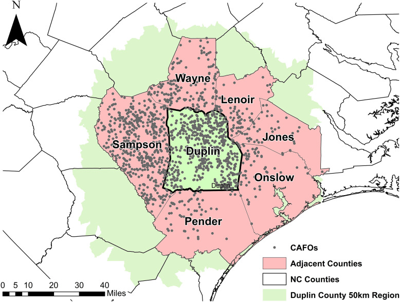 Figure 1 is a map of North Carolina depicting the spatial distribution of all hog concentrated animal feeding operations in different counties: Duplin, Wayne, Lenoir, Jones, Sampson, Onslow, and Pender. The concentrated animal feeding operations are identified with dots. The counties are colored to indicate whether they are concentrated animal feeding operations-adjacent counties, other North Carolina counties, and the Duplin County 50 kilometer region. A scale depicting miles ranges from 0 to 10 in increments of 5 and 10 to 40 in increments of 10.