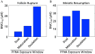 Figures 11A and 11B are bar graphs titled Follicle rupture and Meiotic resumption, plotting benchmark concentration lower-confidence limit begin subscript 10 end subscript (micromolar), ranging from 0 to 30 in increments of 10 and 0 to 40 in increments of 10 (y-axis) across Perfluorononanoic acid exposure window, including dual, maturation, and ovulation (x-axis), respectively.