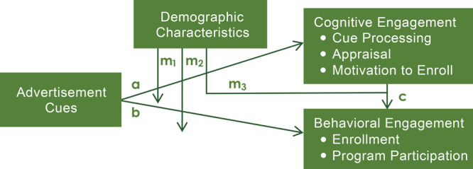 A box labeled advertisement cues on the left has one-way arrows, labeled “a” and “b,” pointing to the right and connecting to 2 boxes, one labeled cognitive engagement and one labeled behavioral engagement. The cognitive engagement box has 3 constructs listed under its title: cue processing, appraisal, and motivation to enroll. The behavioral engagement box has 2 constructs listed under its title: enrollment and program participation. A one-way arrow labeled “c” runs between these two boxes. A fourth box labeled demographic characteristics lies between the advertisement cues box and the two boxes on the right (cognitive engagement and behavioral engagement). That box is connected by one-way arrows labeled m1, m2, and m3 to all aforementioned arrows.