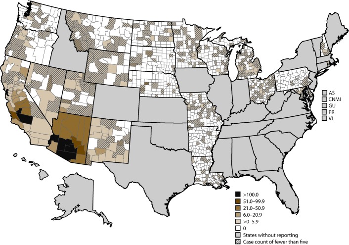 This figure is a map showing the average annual incidence of coccidioidomycosis during 2011–2017, shaded at the county level. The average annual incidence was highest in Maricopa County (166.0 per 100,000 population), Pinal County (150.7), and Pima County (120.3)