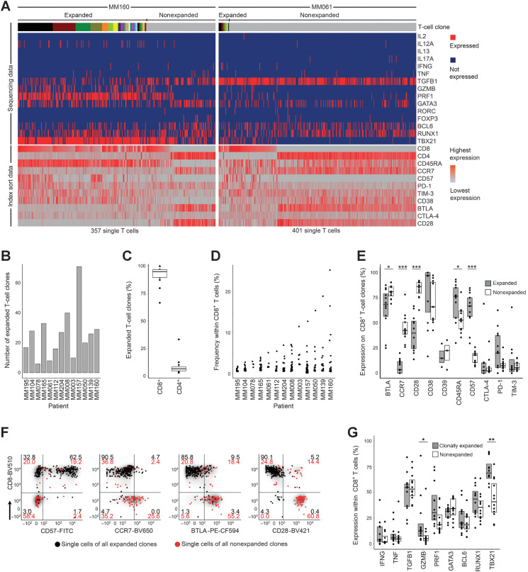 Figure 1. Clonal expansion–associated phenotypes of bone marrow T cells. A, Parallel determination of TCRαβ sequences, transcription factors, and cytokine gene expression from amplified cDNA of single FACS-sorted T cells. Single cells are arranged in columns with each column representing one cell. The top bar indicates TCR sequences; adjacent cells with the same color in the top bar indicate identical TCRαβ CDR3 amino acid sequences. Clonal expansion was defined as the detection of at least two cells with identical TCRαβ CDR3 sequences. The upper part of the heat map indicates single-cell gene expression determined by targeted panel sequencing. The lower part of the heat map visualizes corresponding FACS index sort data. The heat maps show data from patients MM160 and MM061 as examples for strong and weak clonal T-cell expansion, respectively. B, Absolute numbers of expanded bone marrow T-cell clones per patient (n = 13). Patients were ordered by size of the most expanded clone per patient as shown in D. C, Percentages of expanded T-cell clones expressing CD8 or CD4. Data points indicate individual patients. D, Frequencies of expanded CD8+ T-cell clones within CD8+ T cells. Each data point represents one unique T-cell clone. E, Immune phenotypes of CD8+ expanded and nonexpanded T-cell clones determined by FACS index sorting. Data from all 13 patients are summarized as box plots, and data points indicate individual patients. BTLA and CD28 were stained in n = 12; CD38, CTLA-4, and TIM-3 in 11; and CD39 in 3 (out of 13 patients). A clone was determined positive for the indicated parameter if the majority of cells belonging to this clone were positive. F, Gating example for patient MM160. Each data point represents one T-cell belonging to an expanded (black) or nonexpanded (red) clone. Numbers within gates indicate percentages. G, Single-cell gene expression of selected cytokines and transcription factors that were detected in more than 5% of expanded or nonexpanded CD8+ T cells. Data points represent individual patients. All panels show data from 13 patients, unless otherwise stated. Single-cell FACS and sequencing for each patient were done once resulting in 13 experiments. Box plots represent 25th to 75th percentiles; lines within boxes indicate medians. Statistical significance was calculated using the two-sided Wilcoxon test; *, P < 0.05; **, P < 0.005; ***, P < 0.0005.