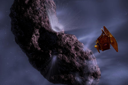 Artist's conception of the Deep Impact spacecraft observing the birth of the new crater on Tempel 1