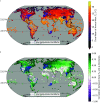 Figure 3A is an image of a world map depicting the time mean of the annual maximum wet-bulb temperature, which is overlaid with locations of mortality data that were used in a recent study attributing heat-related mortality to climate change. A scale depicts time mean of annual maximum uppercase italic t begin subscript lowercase italic w end subscript open bracket degrees Celsius closed bracket ranging from 0 to 30 in increments of 5. Figure 3B is an image of a world map depicting the correlation between daily anomalies of 2-meter air temperature and specific humidity. A scale depicts the correlation between daily uppercase italic T subscript a and lowercase italic q anomalies ranging from negative 1.00 to 1.00 in increments of 0.25.