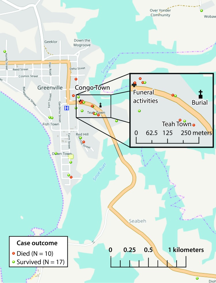 The figure above is a spot map showing the cases and location of funeral events after an unexplained cluster of illnesses and deaths in Sinoe County, Liberia during April–May, 2017.