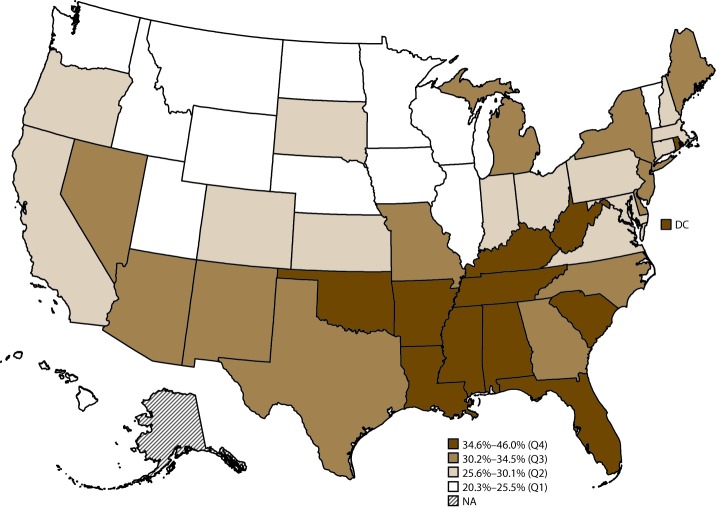 Map of the United States indicates prevalence of arthritis-attributable severe joint pain among adults aged 18 years and older with arthritis, by state. The data source is the 2015 Behavioral Risk Factor Surveillance System.