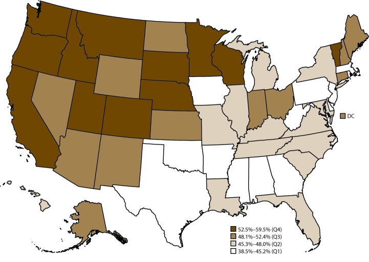 Map of the United States indicates the prevalence of walking among adults aged 18 years and older with arthritis, by state. The data source is the 2015 Behavioral Risk Factor Surveillance System.