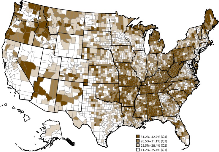 Map of the United States indicates prevalence of arthritis among adults aged 18 years and older, by county. The data source is the 2015 Behavioral Risk Factor Surveillance System.