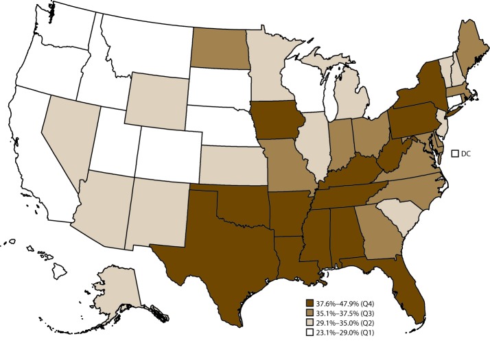 Map of the United States indicates the prevalence of physical inactivity among adults aged 18 years and older with arthritis, by state. The data source is the 2015 Behavioral Risk Factor Surveillance System.