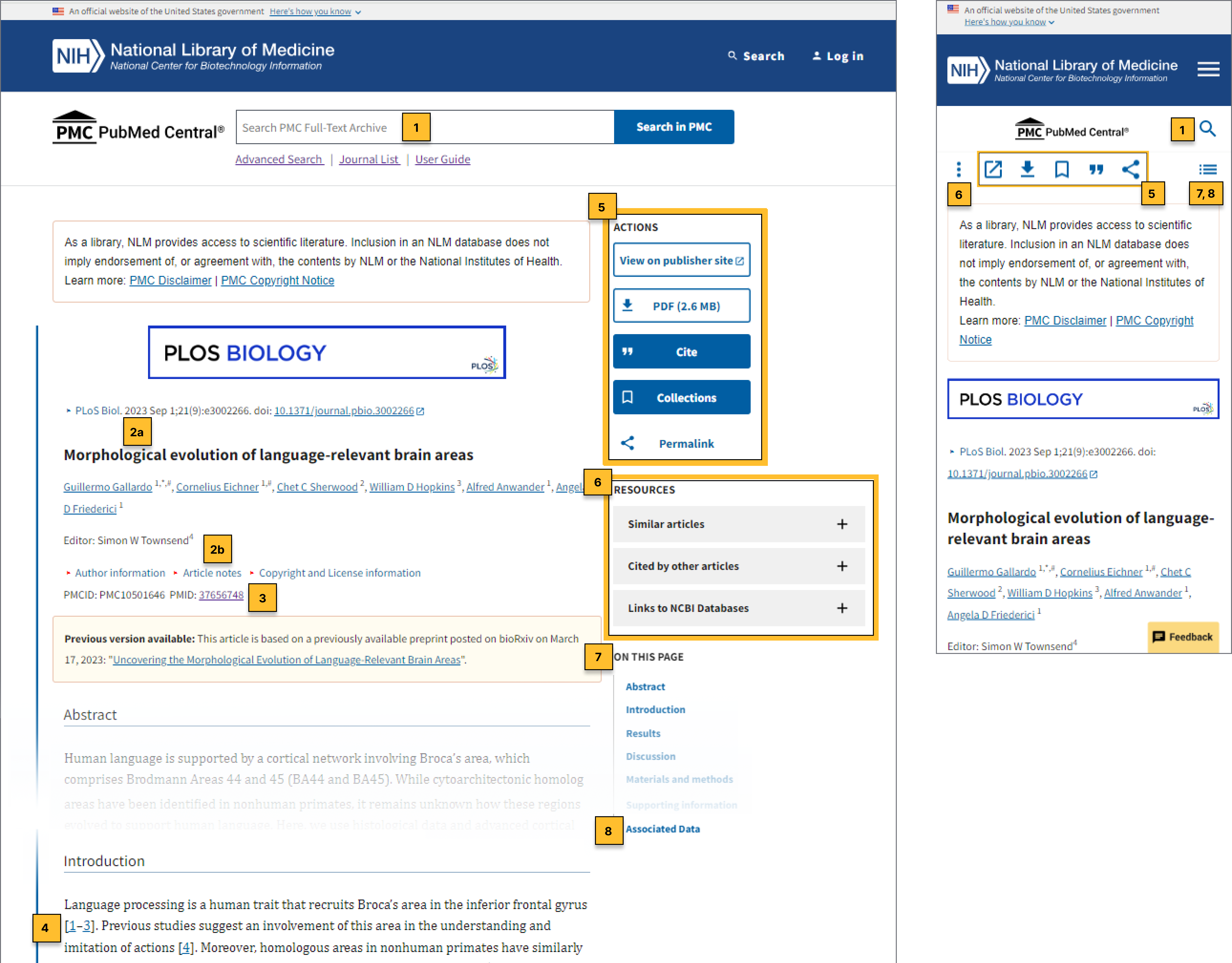 Screenshot of an article as viewed on a desktop and mobile with numbered callouts corresponding to the numbered list descriptions.