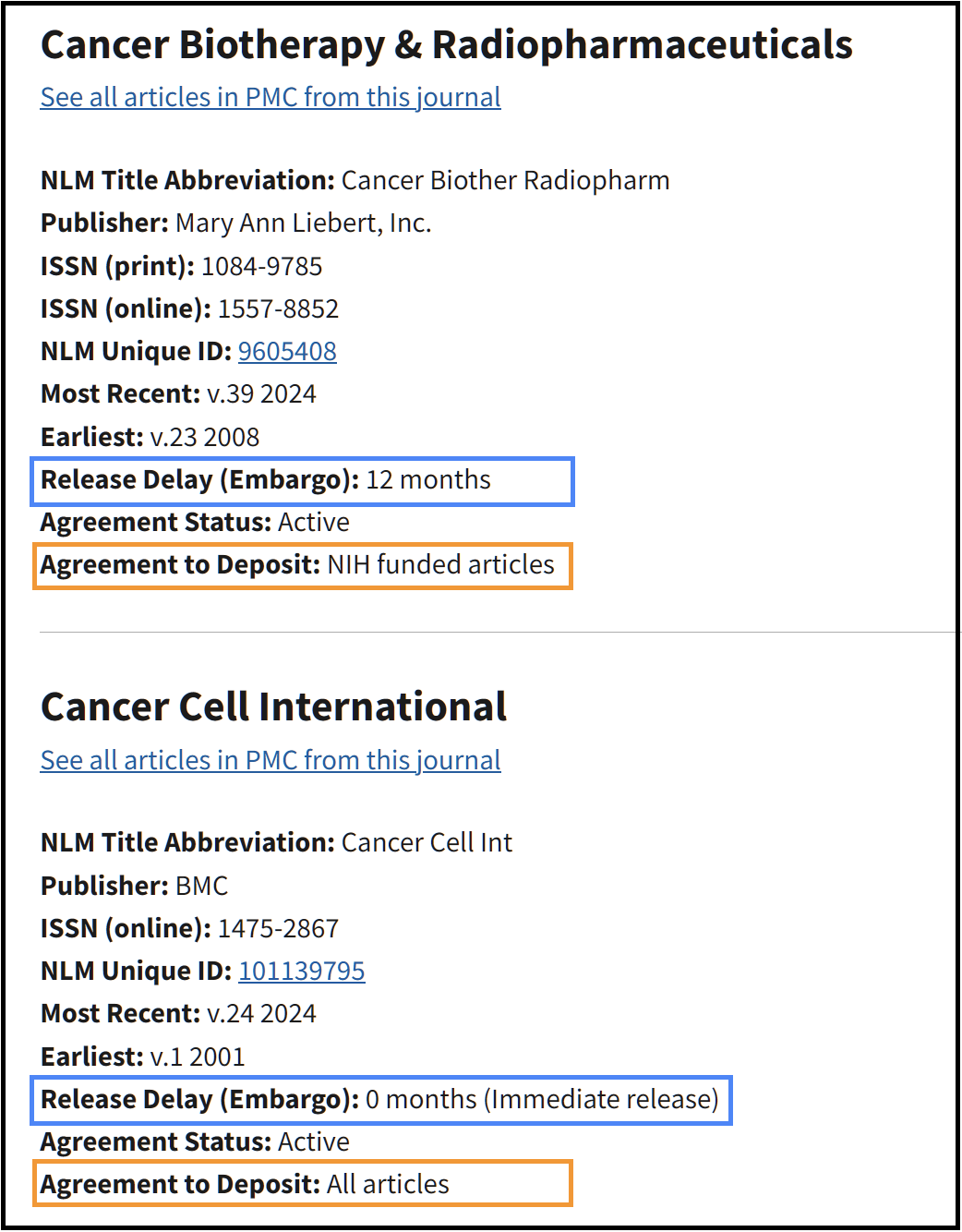 Details of two journal records with orange box around the Agreement to Deposit information and blue box around the Embargo information