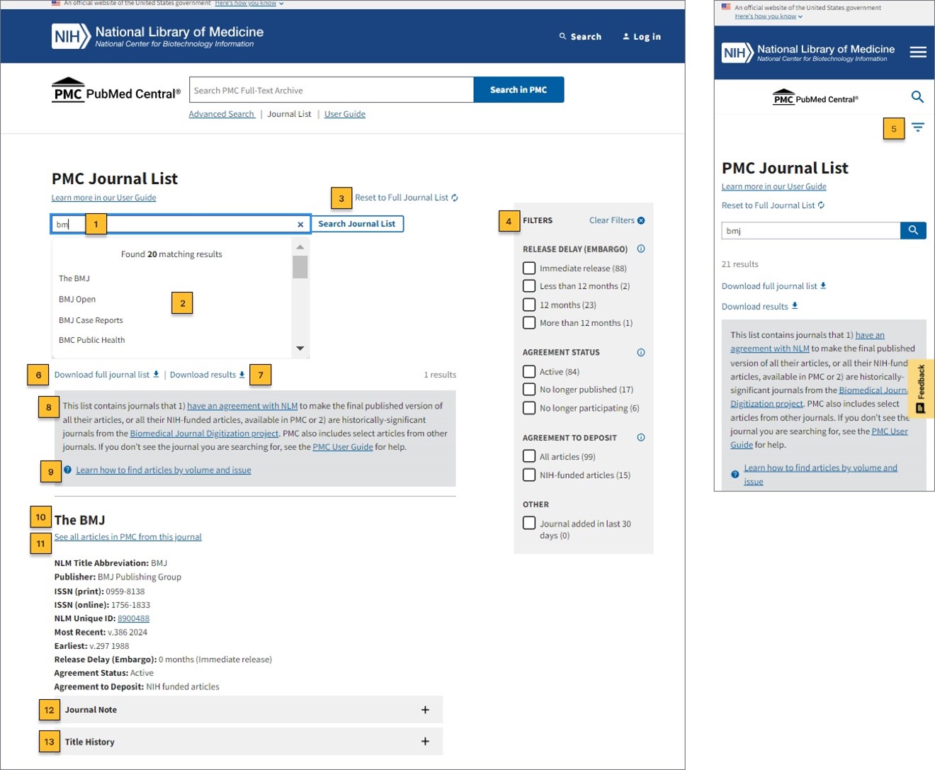 PMC Journal List screenshot with numbered callouts corresponding to the numbered list in this guide