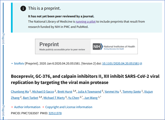 Image of the prominent information panel that displays on all preprint records. The text in the panel says: This is a preprint. It has not yet been peer reviewed by a journal. The National Library of Medicine is running a pilot to include preprints that result from research funded by NIH in PMC and PubMed.